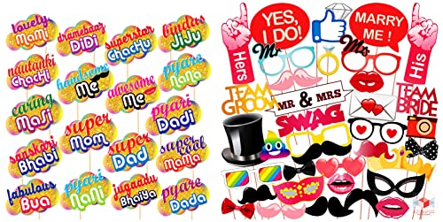 Image of Wobbox All Occasion Indian Family Photo Booth Party Props (18 Pieces) & WOBBOX Wedding Photo Booth Party Props, Marriage Photo Booth Party Props, Wedding Party Props - (32 Piece)