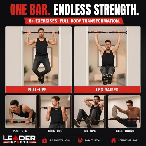 Image of Leader Sportz Pull Up Bar for Home for Kids & Adults [100 KG] | Doorway Chin Up Bar with Anti-Slip Grip & Safety Lock | No-Drill Adjustable Hanging Exercise Rod, Gym Equipment for Home Workout