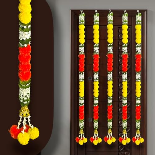 Image of iHandikart Pack of 2 Artificial Multicolor Marigold Garlands with Jasmine & Daisy Leaves (64 Inch) - Premium Floral Strings for Pooja, Temple, Wedding Backdrop, Diwali, Haldi & Mehandi Home Decor