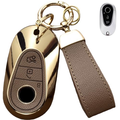 Axtrulix Key Fob Cover for Mercedes Benz with Key Chain, Upper Leather + Soft TPU Key Cover Case Shell for Mercedes C E S GLC CLE EQE EQS 300 350 450 500 560 580 AMG (BROWN)