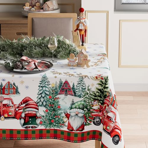 XCHI Christmas Gnomes Truck House Christmas Trees Tablecloth Rectangle Winter Table Coth Washable Table Covers for Indoor Dining Home Party Xmas Decorations 60x84 Inch – Image 3