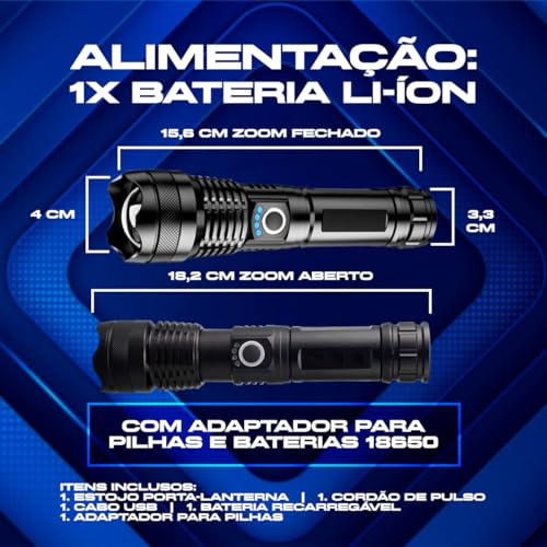 Lanterna Tática T9 Led Recarregável P50 USB Super Potente Zoom Longo Alcance para Trilhas Pesca Vigi