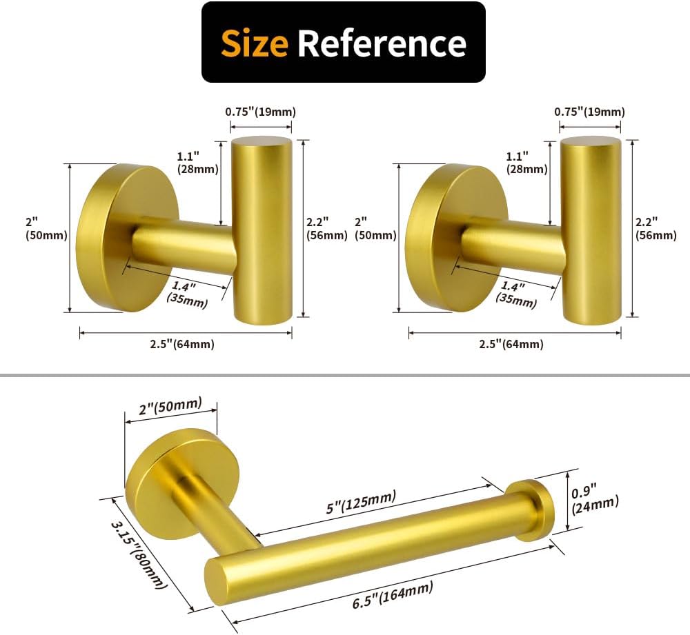 3-Pieces Bathroom Hardware Set Gold Stainless Steel Wall Mounted - Includes Toilet Paper Holder, 2X Robe Towel Hooks