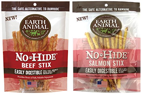 Earth Animal (2pc Combo Pack) No-Hide Beef Stix, 10ct (Beef) and No-Hide Salmon Stix, 10ct.