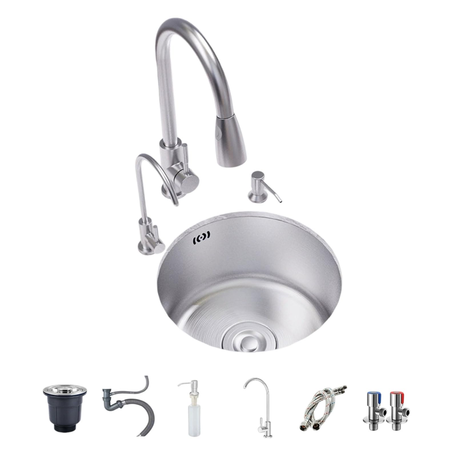 WBJGUOD Kitchen Sink Round Undermount/Topmount Workstation Stainless Steel with Pull-Out Faucet Silent Operation for Caravans, Kitchens, Dining Rooms and Bars