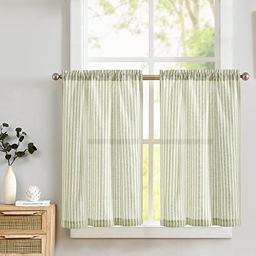 Lazzzy Kitchen Curtains Linen Cafe Curtains Tiers for Kitchen Bathroom Cabinet Ticking Pinstriped Farmhouse Country Rustic Cafe Curtains 36 Inch Length 2 Panels Rod Pocket Sage Green on Beige