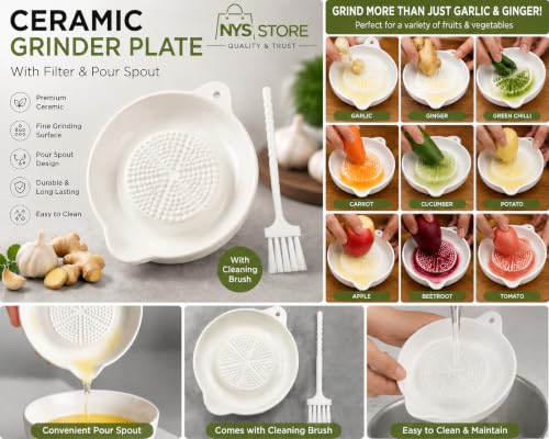 Image of Garlic Ginger Grinder Plate with Filter & Pour Spout | Manual Mini Grater Dish with Brush | Ceramic Grinding Bowl for Garlic, Ginger, Vegetables, Baby Food & Sauce Making