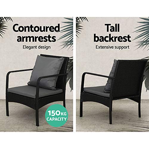 Gardeon Outdoor Lounge Setting Wicker Sofa Set Table and Chairs, Garden Furniture Patio Couch Deck Backyard Rattan, Cushion Weather-Resistant Black of 4 - Image 4