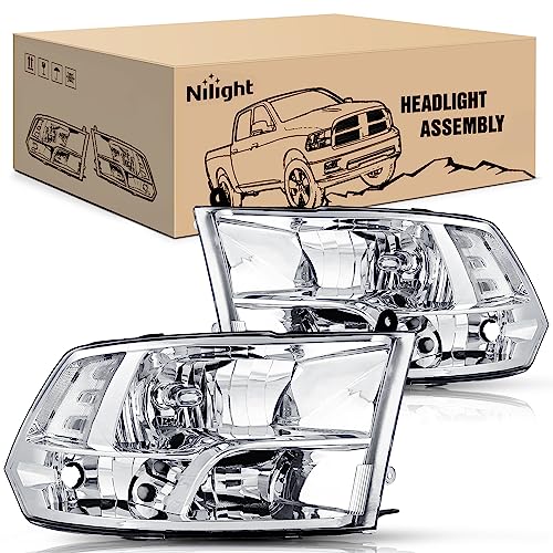Nilight Headlight Assembly 2009 2010 2011 2012 2013 2014 2015 2016 2017 2018 Ram 1500 2500 3500 Pickup Quad Headlamp Assembly Replacement Chrome Housing Clear Corner Clear Lens (Only for Quad Models)