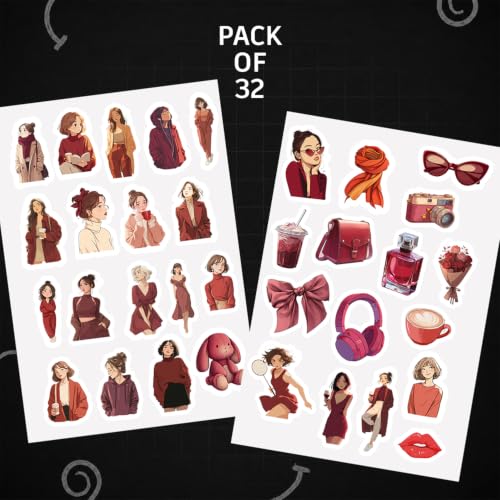 Image of Red Aesthetic Kawaii Girl Vinyl Stickers Pack of 33 | Waterproof Burgundy & Wine Red Cute Fashion Decals for Laptop, Water Bottle, Journal, Scrapbook, Phone Case | Self-Adhesive Sticker Pack