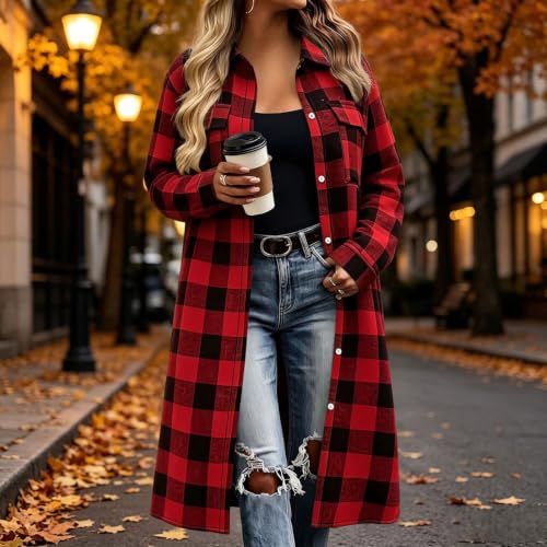 Flannel Shirts for Women Long Sleeve Long Plaid Tops Button Down Shacket (US, Alpha, Large, Regular, Regular, Wine) - image 2