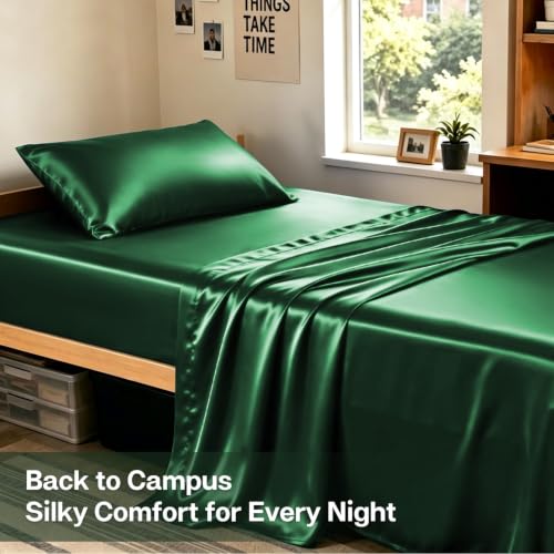 Image of MR&HM Satin Bed Sheets, Twin XL Size Sheets Set, 3 Pcs Silky Bedding Set with 15 Inches Deep Pocket for Mattress(Twin XL, Dark Green)