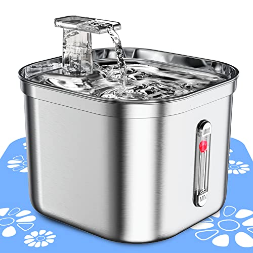 MISFANS Pet Water Fountain Stainless Steel 74oz/2.2L Automatic Water Dispenser with Water Level Replacement Filter Kit and Silicone Mat Suitable for Cat Dogs