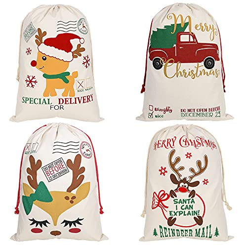 Lilwemen Lot de 4 sacs de Père Noël - Grand sac avec cordon de serrage, emballage cadeau de Noël, sac réutilisable pour Noël (17) Cover