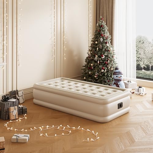 Image of Pvc Air Mattress with Built-in Electric Pump, 18 Inch Inflatable Mattress, Portable Storage Cover for Home, Guests (Yellowish Coffee, 18 Inch Twin)