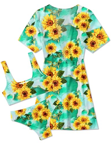 AIDEAONE Girls 3 Piece Bikini Swimsuit Set Cute Bathing Suit with Quick Dry Kimono Drawstring Coverup for 5-12 Years - Image 3