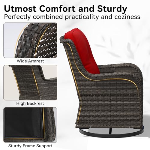 Image of 4 Piece Outdoor Swivel Rocker Patio Chairs Set, Patio Chairs Set of 4 with Thickened Olefin Cushions, High Back and Deep Seating, Hand-Woven PE Rattan for Porch, Deck, Red