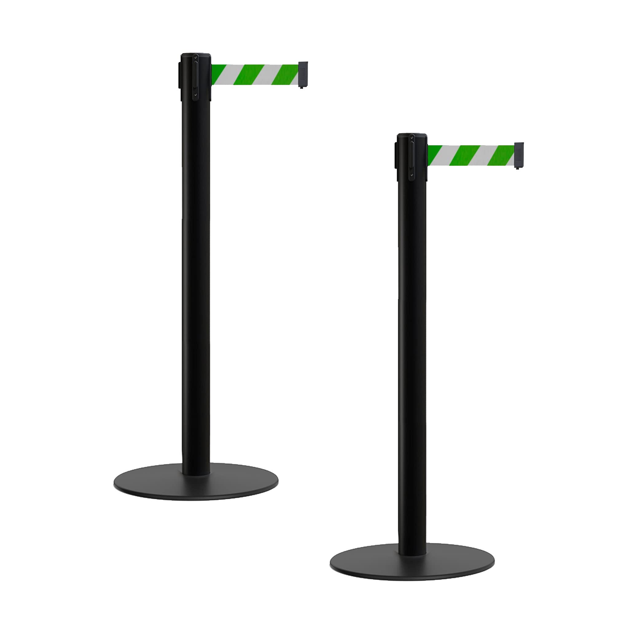 CCW Set of 2 Stanchion Retractable Belt Barriers, Low Profile Base (11 Foot Belt, Green and White Diagonal Belt with Black Post)