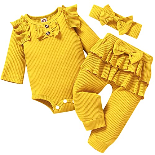 Image of Aalizzwell Preemie Newborn Infant Baby Girls Clothes Ribbed Bodysuit Pants Set Fall Winter Outfits