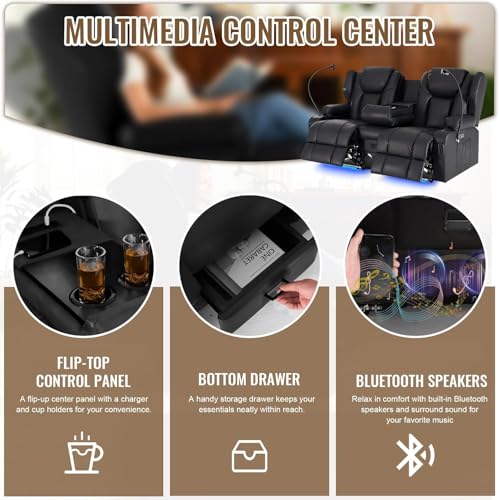 Image of Power Recliner Loveseat for Living Room, Loveseat Sofa with Center Console, USB Type-C Port, PU Leather Chair with Vibration Massage and Heat, Speaker Oversized Recliner Chair for Home Theater (Black)
