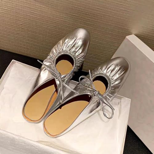 Generic Women's Leather Lace Up Slingback Flat Mules,Closed Toe Square Toe Ballet Flats, Casual Comfortable Dressy Dating Work Shoes for Women, Gold3