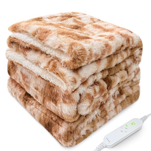 HELLOMOTO Updated Weighted Heated Blanket for Men/Women, 15 lbs Electric Blanket, Dual Sided Cozy Fluffy Throw Blanket, 8 Timer Settings & 10 Heat Settings,48×72 inches(Brown-White) – SW4872