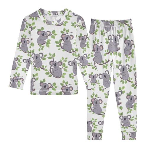 ALAZA Cartoon Leaf Koala White Pajamas Long Sleeve Sleepwear 2-Piece Pajama Set