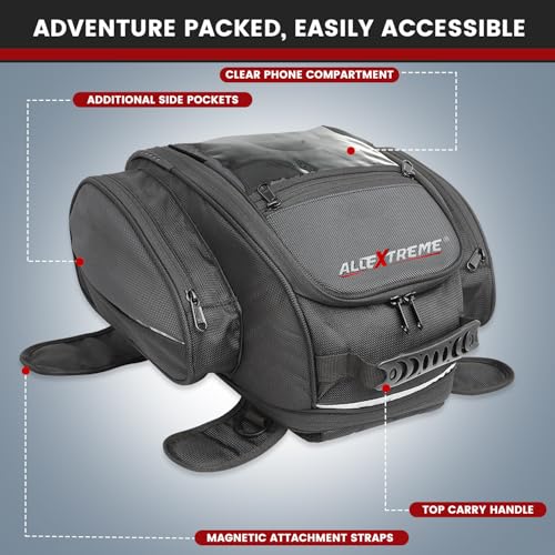 Image of Allextreme Magnetic Tank Bag for Bike Universal Fit Motorcycle Storage with Rain Cover, Strong Magnets & Multi-Pocket Design Travel Riding Gear for Daily Commute, Touring & Camping (28L, Black)