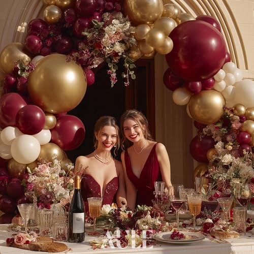 Image of AULE 155Pcs Burgundy Balloon Arch Kit Gold Sand White Balloons | Maroon Balloon Garland for Birthday Wedding Graduation Anniversary Bridal Shower Theme Party Decoration