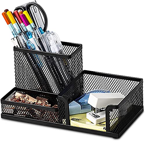 Image of Pratyush Metal Desk Organizer | 3-Compartment Storage Caddy Holder Stand | Keeps Pens, Scissors and Stationery Storage Tidy for Home, Office, Study Table and WFH Desk Setup (Black)