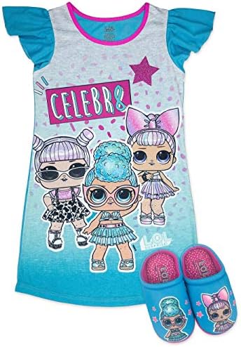 L.O.L. Surprise! Girls Pajama Set, Dorm PJs with Slippers, Rocker Diva MC Swag Opal Q.T. Pearl Q.T (Girls Size 10/12, Turquoise)