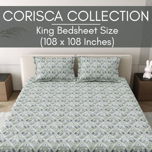 Image of Mafatlal 186 Tc Corsica Pure Cotton Bedsheet King Size | 274 X 274 Cm | Aesthetic Summer Bedding Fabric for Comfortable Sleep | Includes 2 Pillow Covers | Neptube Green