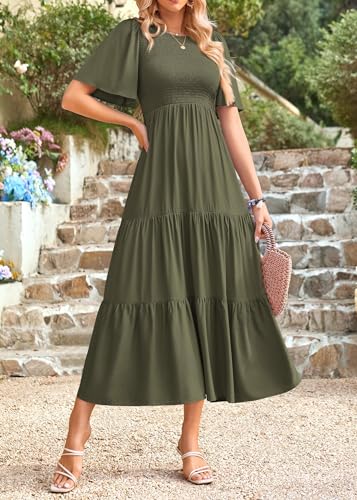 Image of KIRUNDO Summer Dresses for Women 2026 Spring Casual Flutter Short Sleeve Wedding Guest Smocked Flowy Tiered Aline Midi Dress