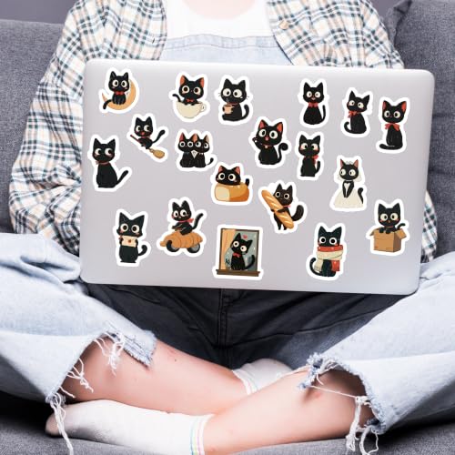 Image of Cute Black Cat Sticker Pack of 52 - Kawaii Cartoon Kitty Vinyl Stickers for Laptop, Water Bottle, Notebook, Journal, Scrapbook, Phone Case, Luggage & DIY Decoration | Adorable Cat Lover Collection