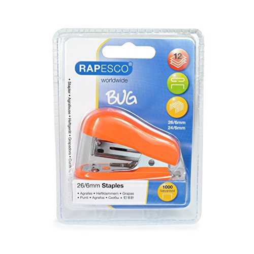 Rapesco 1410 Bug Mini Heftgerät mit Typ 26/6 mm Heftklammern, 12 Blatt, Tacker Hefter Orange