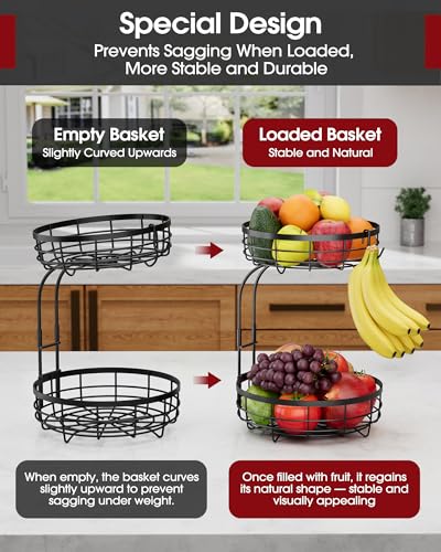 Sakugi Fruit Basket for Kitchen Counter - 2-Tier Large Capacity Fruit Bowl with Detachable Banana Hanger, Rust-Proof Metal Fruit Holder for
