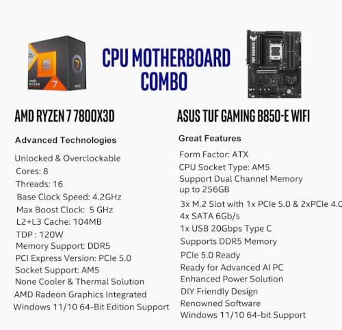 Image of MICRO CENTER CPU Motherboard Combo - AMD Ryzen 7 7800X3D CPU Processor with ASUS TUF Gaming B850-E WiFi ATX Motherboard