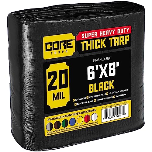 Core Tarps Extreme Heavy Duty 20 Mil Tarp Cover, Waterproof, UV Resistant, Rip and Tear Proof, Poly Tarpaulin with Reinforced Edges for Roof, Patio, Pool, Boat (Black 6′ X 8′)