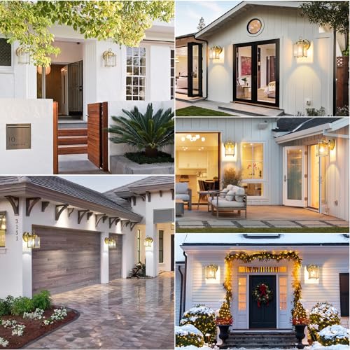 Image of MATAMEYE Dusk to Dawn Sensor Outdoor Wall Sconce, Exterior Waterproof Porch Wall Mount Lanterns, Gold Front Door Lights with Beveled Glass, 2 Pack