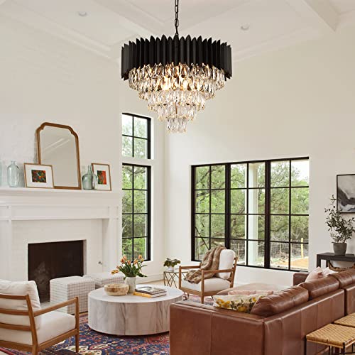 A Axilixi Black Crystal Chandeliers Modern Round Chandeliers 24" Dimmable 12 Lights Ceiling Pendant Light Fixtures 5 Tiers Luxury Raindrop For Living Room Dining Room Bedroom Foyer #TOP1
