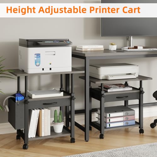 Image of YAOHUOO 22 inchx15 inch Large Printer Stand with Drawer, 3-Tier Rolling Table Cart | Storage Drawer and Side Bag,Height Adjustable Cart,Fit printer /fax /3d /scanner,4 lock wheels or feet,Gray