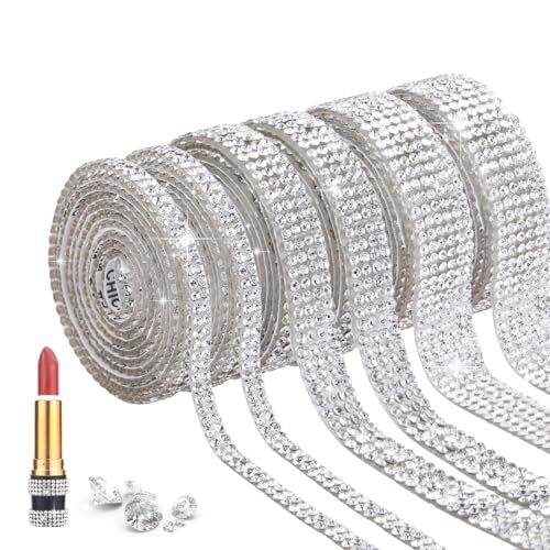 Lot de 6 rouleaux de ruban strass autocollant avec strass - Pour décoration de mariage, bricolage - Ruban argenté bling pour fête de mariage, artisanat et...