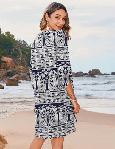 Image of Zeagoo Womens Boho Dresses Casual Beach Summer Dress Tassel Tie Neck 3 /4 Long Sleeve Mini Sundress 2026 Floral Print Cover Up