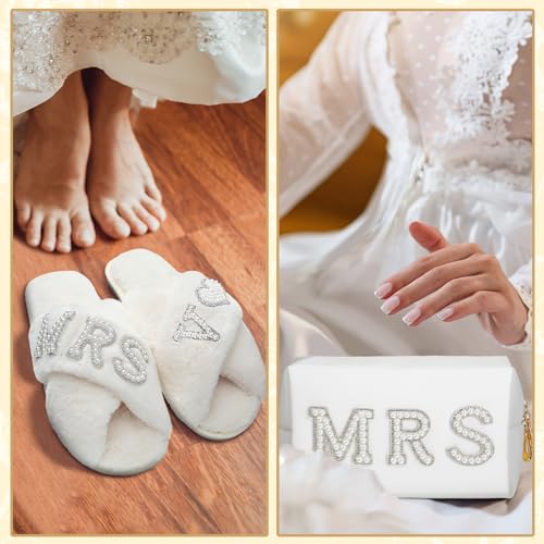 Image of Xtinmee Personalized Initial Wedding Bride Slipper Mrs Pearl Letter Makeup Bag Bachelorette Party Bridal Shower Wedding Gifts(V)