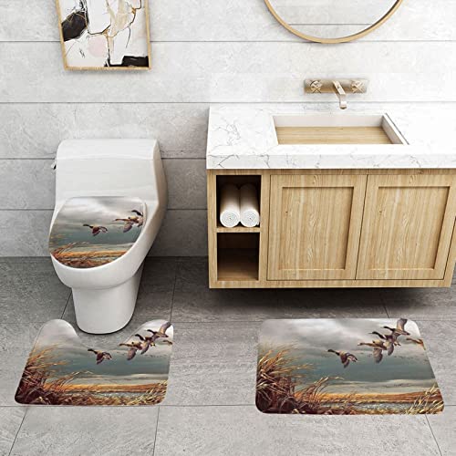 3-teiliges Badezimmerteppich-Set Jagd fliegende Wilde Enten Druck 3-teiliges Badezimmerteppich-Set Badematte + Kontur + WC-Deckelbezug Badezimmer Anti-Rutsch-Pad – Bild 4
