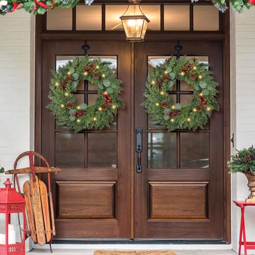 Christmas Wreath with Lights 24 Inch Real Touch Pine Wreath with Red Berries/Pine Cone Prelit Christmas Wreaths for Front Door Outdoor Christmas Decorations Winter Wreath for Windows Indoor Holiday - image 4