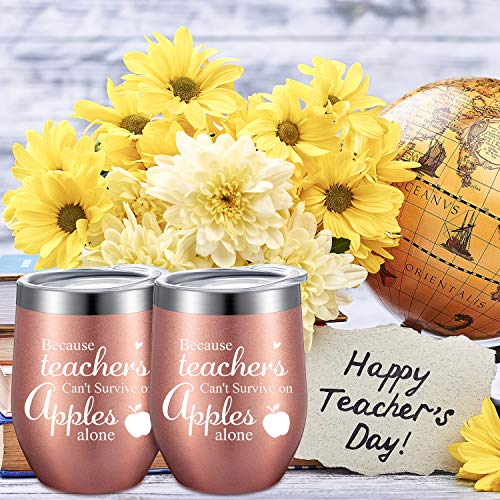 2 Pieces Teacher Can't Survive On Apples Alone, Thank You Teacher Appreciation Gift For Women Funny Birthday Christmas Thanksgiving Teacher Gifts 12 Oz Wine Tumbler With Straw And Cleaning Brush #TOP2