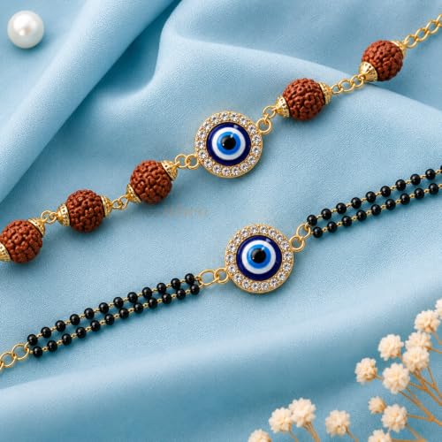 Image of EITHEO Bhaiya Bhabhi Rakhi Set with Evil Eye Charm, Rudraksha Rakhi & Black Bead Lumba Bracelet, Handmade Gift with Roli Chawal, Chandan & Mishri (Couple Set of 4)