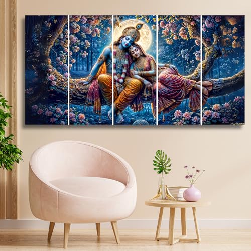Image of Nozvera Radha Krishna Sparkle Laminated MDF Wall Painting Set of 5 | Radha Krishna Wall Painting Big Size | Wall Art for Living Room Decoration | Wall Decor Items for Home Decor and Bedroom