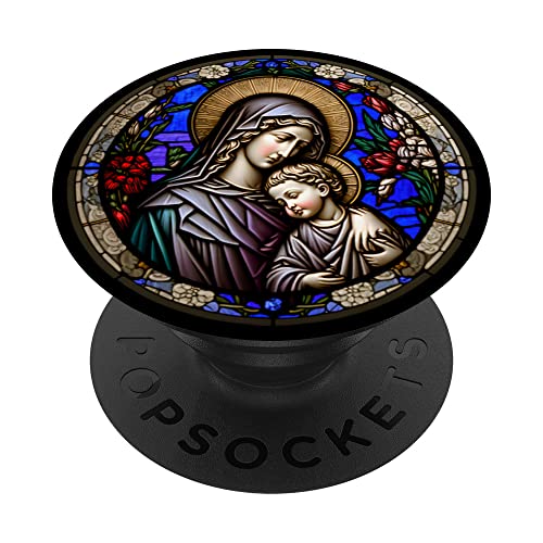 Religious Blessed Virgin Mary and Jesus Stained Glass Design PopSockets Swappable PopGrip, Black